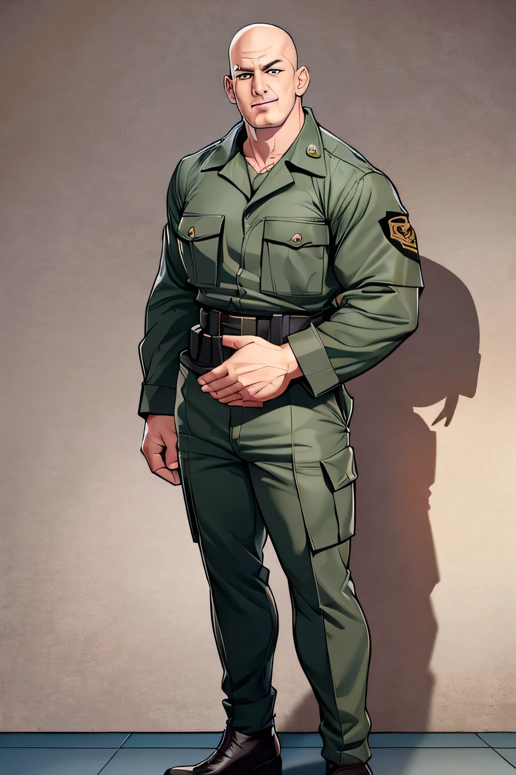 JSDF uniform, large, muscular, full body, 50s, (male), shaved head, lipstick, long eyelashes, makeup