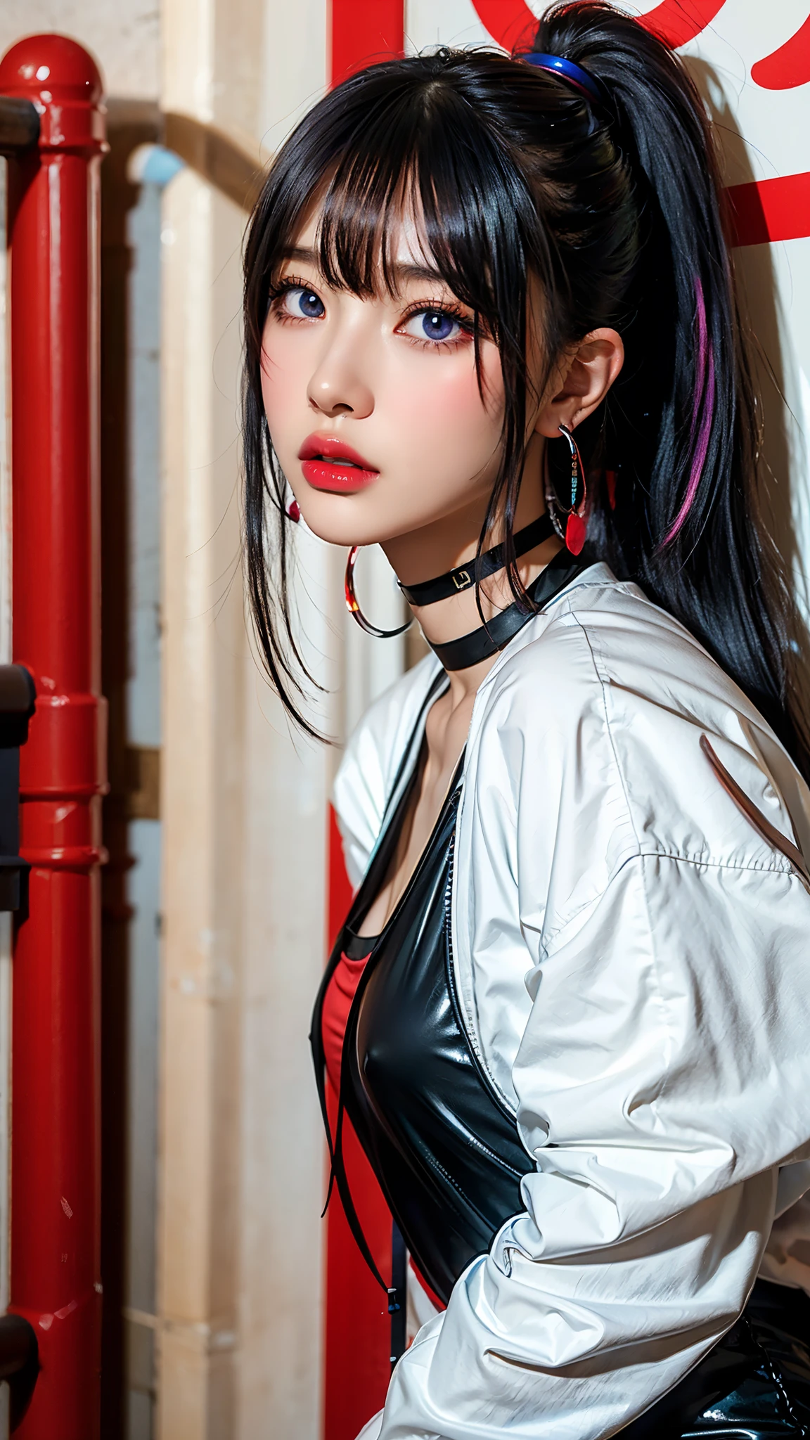 Hair above one eye, Red eyes, Clear Eyes, choker, Open jacket, Against the wall,Tire graffiti, Shineing tattoos, Shine, Neon Light, Black light,Anime Style, movie portrait photography, 1 female, 22 years ago, Whole Body Ezbian,Blue Eyes Background, Big and ample breasts, anger, (Scarlet Hair), Long Hair, Purple eyes, Wearing a short black dress, (Natural skin texture Sharp details, Surreal, (Realistic eyes, Natural skin texture, Realistic facial details), Soft and dramatic lighting, Written boundary depth, Bokeh, Sharp details, Surreal, 35mm movie, Blurred, movie,lipstick, ear piercing, eye shadow, Hoop Earrings, Red pink lips, Multicolored Red eyes, Purple Theme,Wear an iridescent aura,Beautiful Eyes,Standing in front of the red gate、Bold Pose、Strike a Pose,Top ponytail,drooping bangs,sit