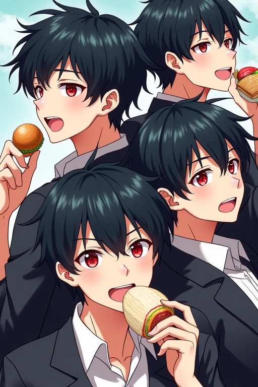 High school boys,Black Hair, Ahoge, Hair blowing in the wind, Diagonal bangs, Red eyes, Open your mouth a little, Food, Illustration, Anime Style,