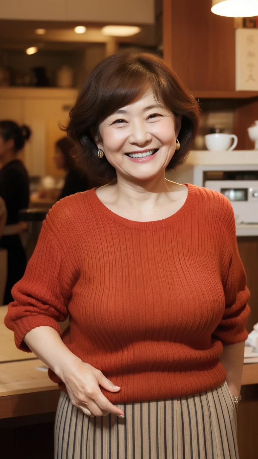 Osaka's aunt、Organic Photography、Highest quality、masterpiece、Ultra-high resolution、Beautiful Japanese old lady、60 years old、Looking at the audience、Elegant face、Smiling with teeth showing、Big Breasts、Wearing a plain short-sleeved knit、Wavy Hair、mini skirt、Earrings、A corner of a coffee shop, Background Blur