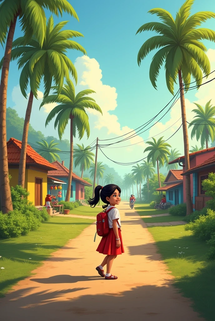 A Indian girl is walking home after school on the road
