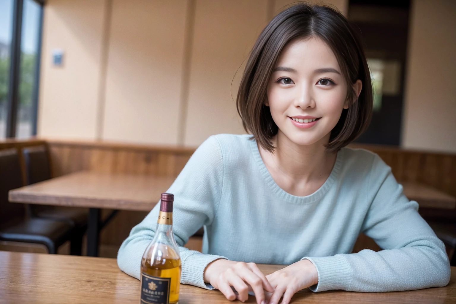 ((Highest quality、8k、masterpiece:1.3))、Whiskey bottles、whiskey、Joni Black、Old Parr、Suntory、Nikka、Whiskey lover、Bourbon、scotch、slimカップル、modelカップル、(Realistic, Intricate details:1.2), full-course dinner、Whiskey bottle and glass on the table、Single Malt、scotch、Rocks glass、Shot Glass、On the rock、Scotland、Amazing view of the sunset sky and clouds、A bright smile、The wonderfulness of smile、 Beautiful Face, blue eyes, The light shines on your face, blush, short hair,Bright Face、 (Age 37), 3,Two beauties、Brown Hair、Shortcuts、Long sleeve shirt、dress、Beautiful woman 1, (slimな顔), (The body is slim), (Brown Hair), (Shortcuts), cheeks turn a little red,Attractive beauty、restaurant, In a prominent place (From the waist up) Nova Frog Style, actress, model, Upper Body, White wine, slim, smile, (smile: 1.15), Beautiful fine grain, Depth f/2,saturation, High Contrast, Strong light and shadow,Moist Body:1.5、3D texture、Delicate eyes、Brown Hair、The hair is very shiny、