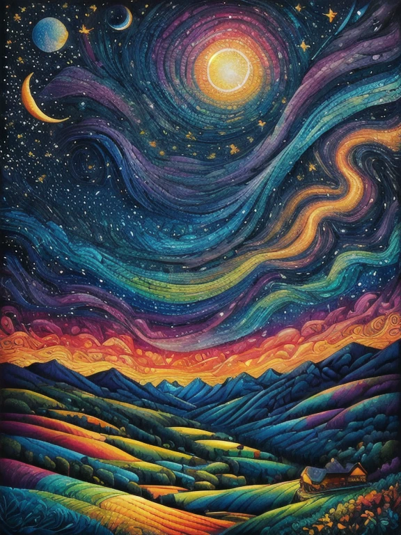 Masterpiece, Best composition, Dynamic composition, Colorful landscape painting, Milky Way with starry sky and moon, Psychedelic landscape, Vivid oil painting, Vivid abstract landscape, Color field painting. 8K, stunning colorful landscape, detailed impasto, colorful oil painting, colorful sky, large colorful image.