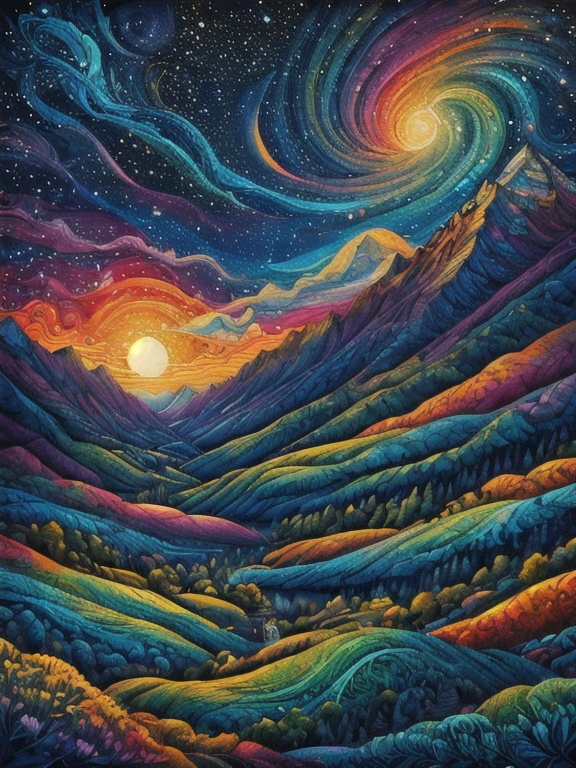 Masterpiece, Best composition, Dynamic composition, Colorful landscape painting, Milky Way with starry sky and moon, Psychedelic landscape, Vivid oil painting, Vivid abstract landscape, Color field painting. 8K, stunning colorful landscape, detailed impasto, colorful oil painting, colorful sky, large colorful image.