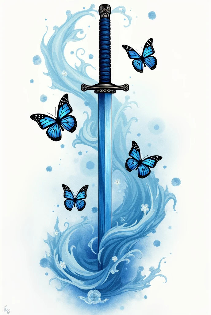make me a tattoo of a blue Japanese katana with some water revolving around it and butterflies flying from the katana , for a girls inner thigh