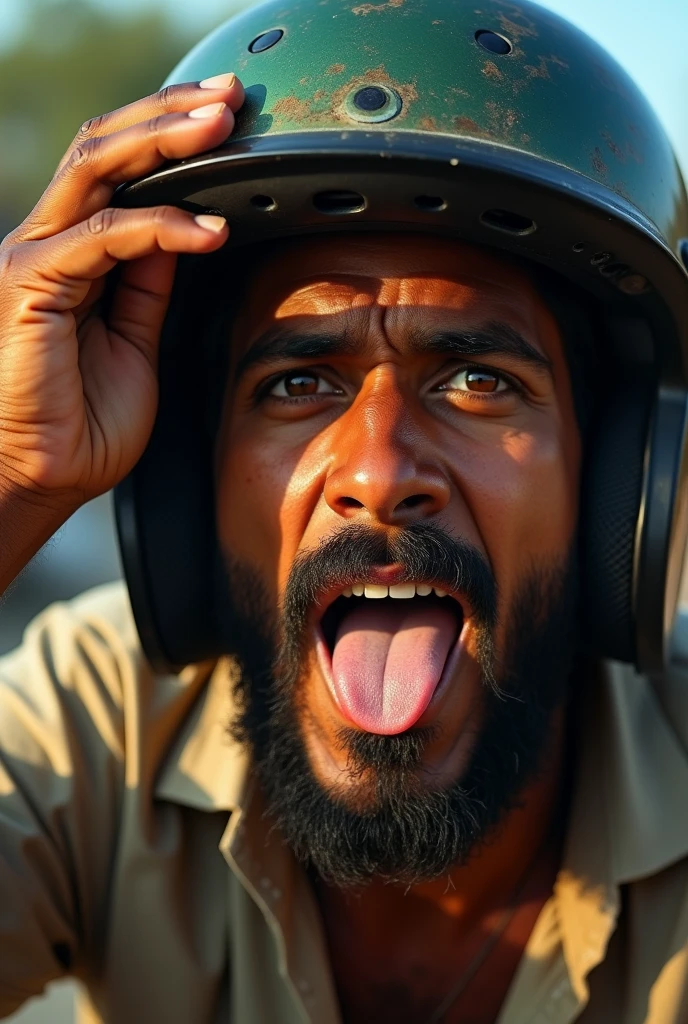 a man in india, 1 man, wearing a helmet upside down, godox lighting. Ahegoa. Tongue out, portrait photography, high quality, photorealistic, detailed facial features, detailed eyes. One hand on forehead, detailed nose, detailed lips, detailed skin texture, dramatic lighting, cinematic atmosphere, dynamic pose, environmental details, vibrant colors, warm color tones, natural lighting, sharp focus, 8k, best quality, masterpiece