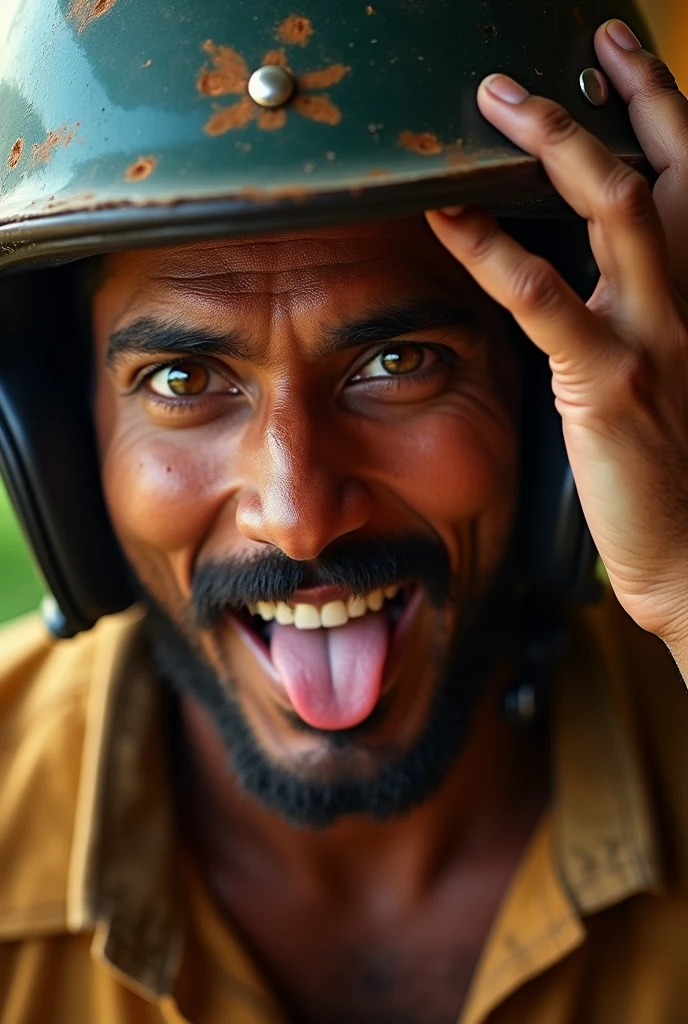 a man in india, 1 man, wearing a helmet upside down, godox lighting. Ahegoa. Tongue out, portrait photography, high quality, photorealistic, detailed facial features, detailed eyes. One hand on forehead, detailed nose, detailed lips, detailed skin texture, dramatic lighting, cinematic atmosphere, dynamic pose, environmental details, vibrant colors, warm color tones, natural lighting, sharp focus, 8k, best quality, masterpiece