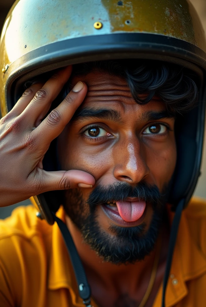 a man in india, 1 man, wearing a helmet upside down, godox lighting. Ahegoa. Tongue out, portrait photography, high quality, photorealistic, detailed facial features, detailed eyes. One hand on forehead, detailed nose, detailed lips, detailed skin texture, dramatic lighting, cinematic atmosphere, dynamic pose, environmental details, vibrant colors, warm color tones, natural lighting, sharp focus, 8k, best quality, masterpiece