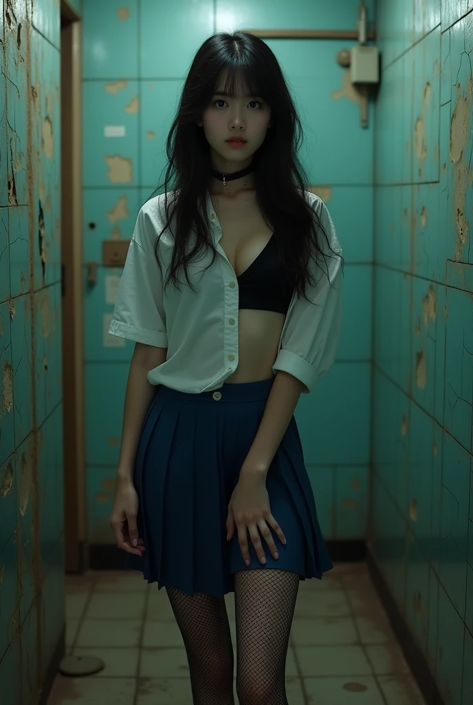 (A shabby and worn-out public restroom).Korean woman.korean beauty.Korean model.South Korean girl groups. She is wearing a school uniform, a short and tight blue skirt, and black fishnet stockings that reach her thighs..
(Big hearted).(full body shot).(front shot).realistic.G-cup chest.
The pelvis is a supermodel. The shirt button is undone, revealing a black bra..