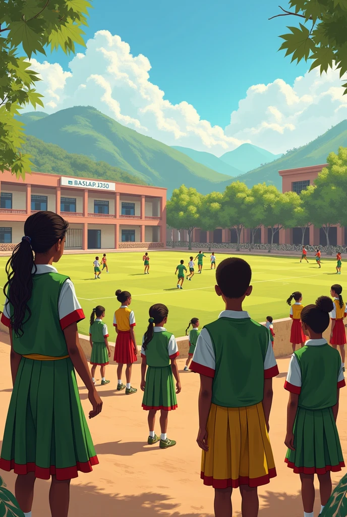 Ethiopian Students at schools wearing green, yellow and red students school uniform. They are beautiful, some students are playing football at background. They are charming. The school campus is vast. Teachers are watching the sudents who are playing football.