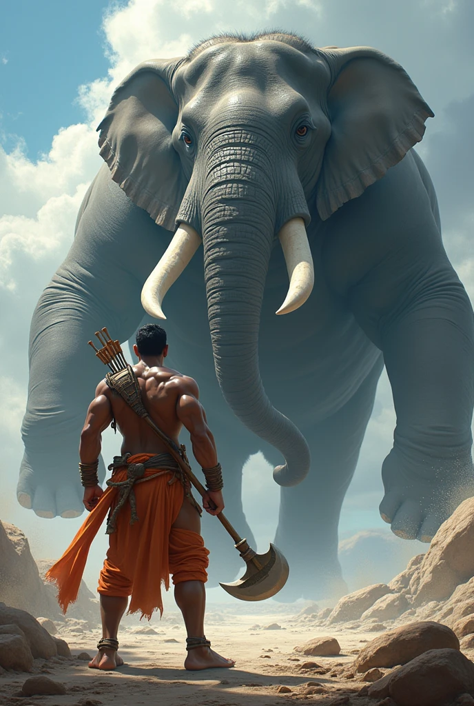 One bramhana pandit(parashuram) with great height and sixpack body holding big axe on his hands and He has an bow and arrows on his shoulder .he sea elephant equal and opposite with his eyes ,elephant and axe man both are in equal height looks both each other