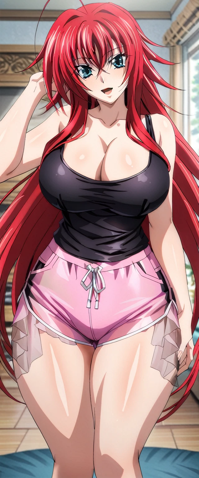 sysdeep_rias, best quality, masterpiece, ultra-detailed, high quality, highres, 1girl, pretty woman, red hair, long hair, beautiful, smile, open mouth, looking at viewer, (black tank top, pink shorts), see through, large breasts, cleavage, large ass, curvy body, POV, close shot, from the front, full body, standing, in home,