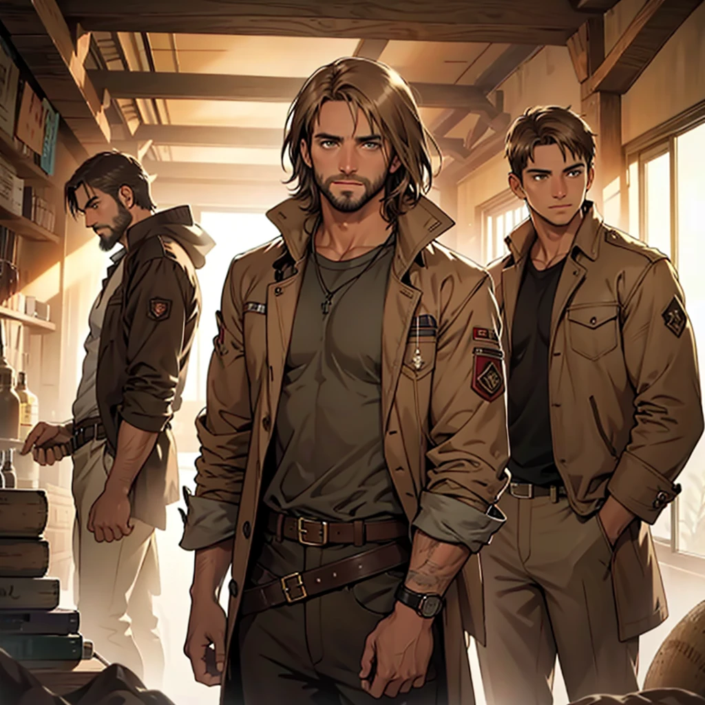 indiana jones, desert, Wide open space, Sunset, Three Men,brown long coat, Brown hair, short hair, Brown eyes, Holding a whip, Abdominal muscles, beard, Confident posture, Beautifully detailed eyes, Fascinating eyes, Bright colors, Carefully crafted lighting, Studio lighting techniques highlight the characters and the overall atmosphere of the scene., masterpiece, Anatomically correct, high quality, best quality, High Detail