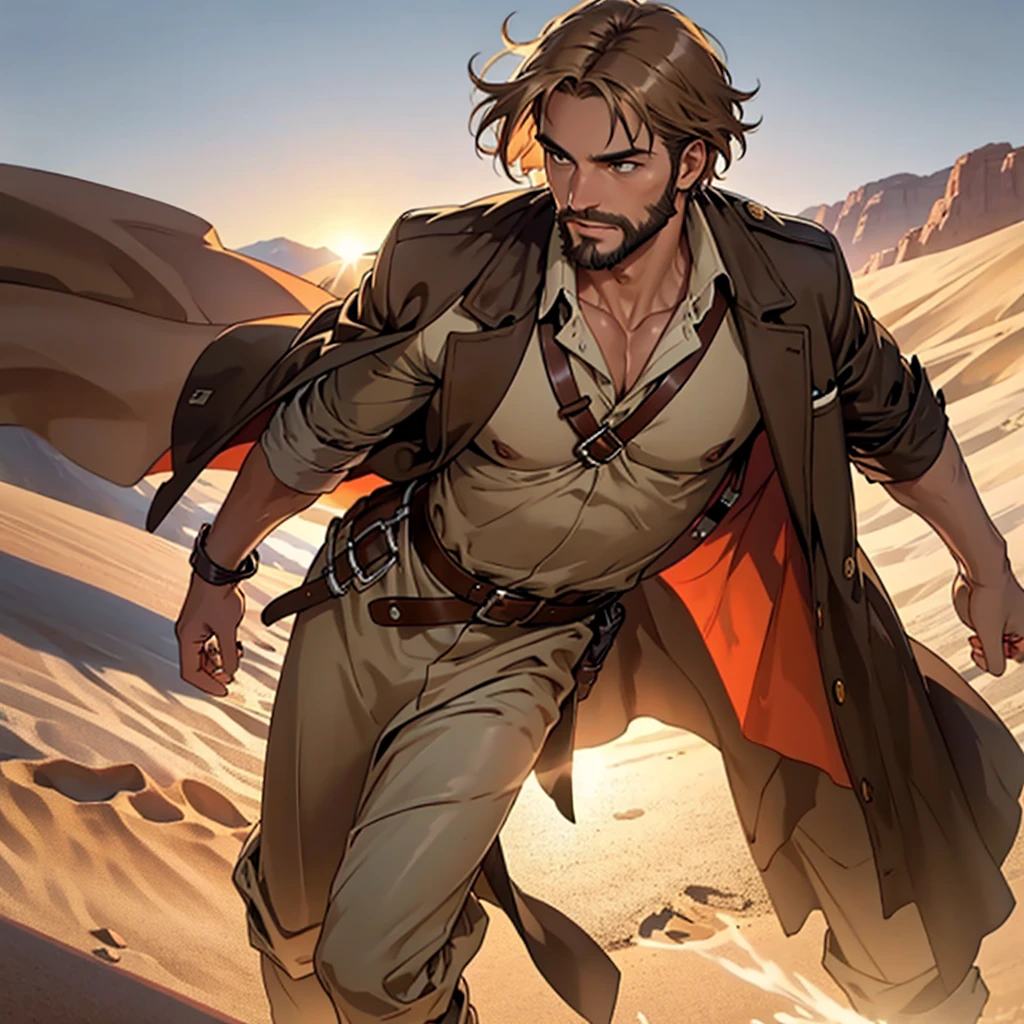 indiana jones, desert, Wide open space, Sunset, Three Men,brown long coat, Brown hair, short hair, Brown eyes, Holding a whip, Abdominal muscles, beard, Confident posture, Beautifully detailed eyes, Fascinating eyes, Bright colors, Carefully crafted lighting, Studio lighting techniques highlight the characters and the overall atmosphere of the scene., masterpiece, Anatomically correct, high quality, best quality, High Detail