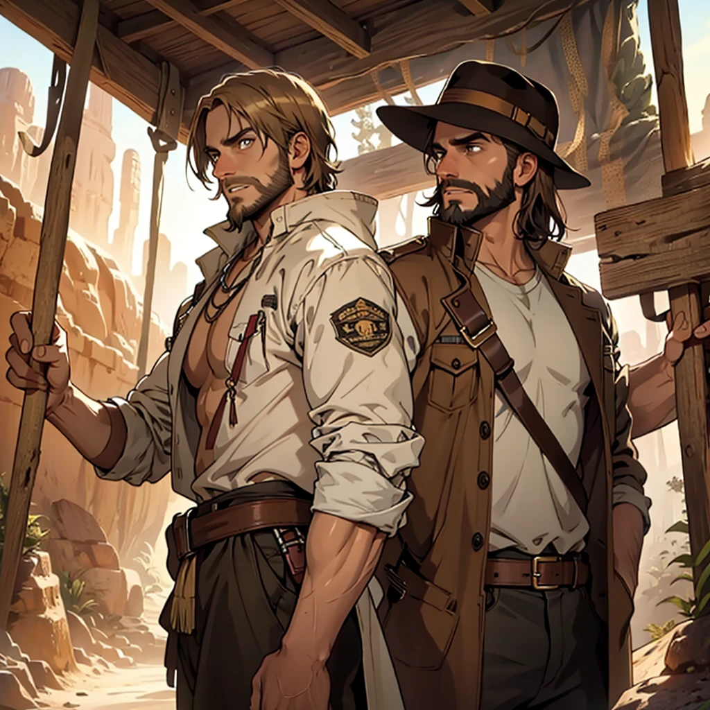 indiana jones, desert, Wide open space, Sunset, Three Men，brown long coat, Brown hair, short hair, Brown eyes, Holding a whip, Abdominal muscles, beard, Confident posture, Beautifully detailed eyes, Fascinating eyes, Bright colors, Carefully crafted lighting, Studio lighting techniques highlight the characters and the overall atmosphere of the scene., masterpiece, Anatomically correct, high quality, best quality, High Detail