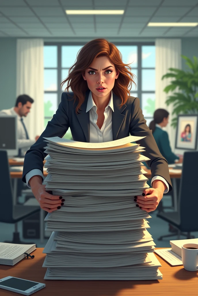 generate image women struggling in office with heavy work