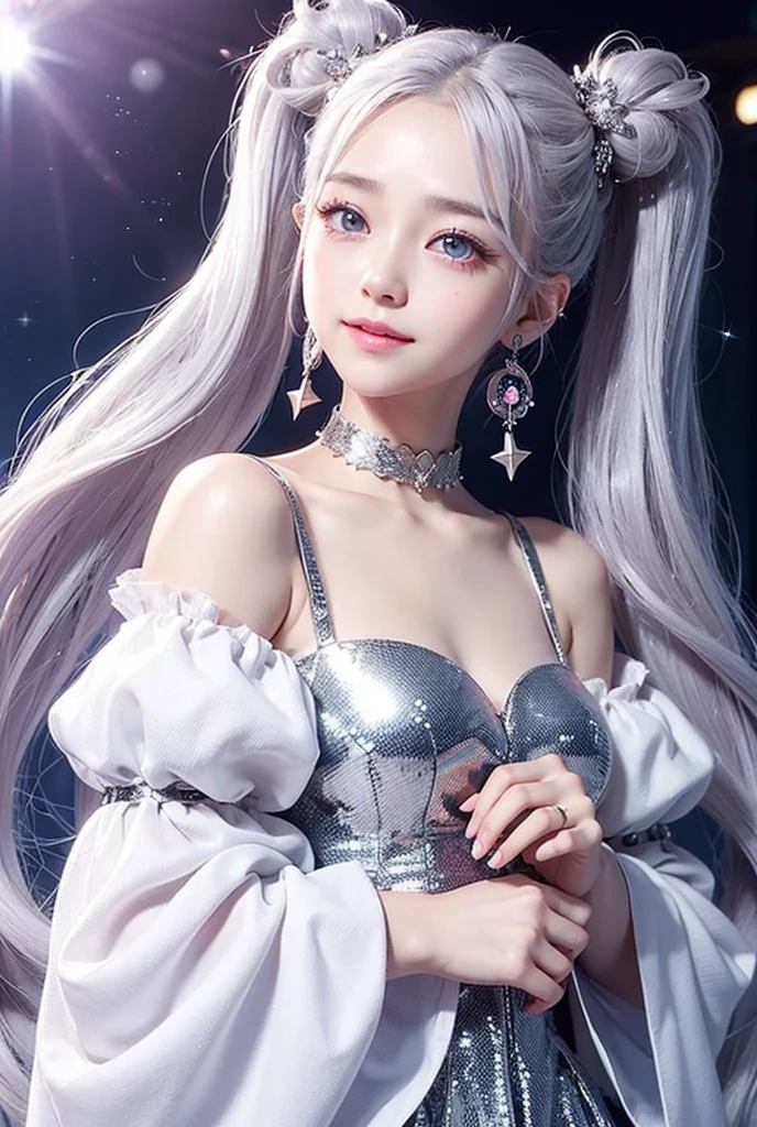 One girl, Twin tails, accessories, Earrings, accurate, chest, happiness/joy, Bright Eyes, Simple Background, Sparkle Effect,
fortune teller、Long Hair, ,Heart-shaped eyes, star、Gaze, Silver Hair, Wizard's Hat,