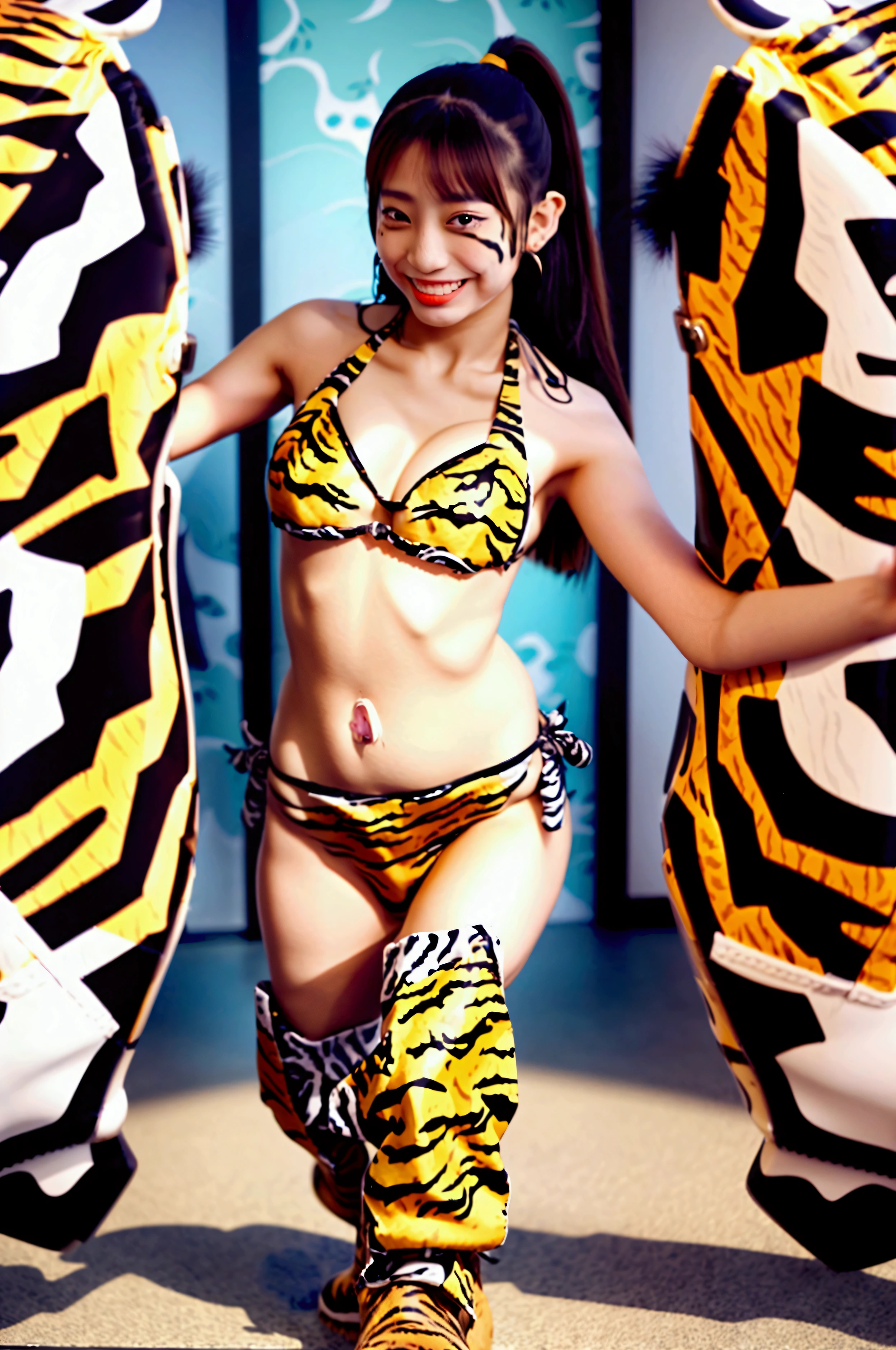 (((An 1 girl with a very cute face, like a top Japanese idol)))、Smiling Kindly、(((Tiger print bikini and tiger print boots)))、((whole body))、Walking around a brand mall in the city、High level of artistry、Natural light、Highest quality