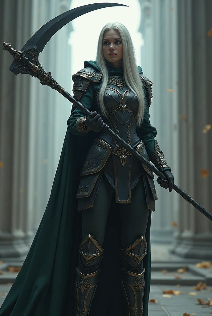 ((masterpiece, highest quality, Highest image quality, High resolution, photorealistic, Raw photo, 8K)), ((Extremely detailed CG unified 8k wallpaper)), (huge stunning goddess shot, fullbody armor with cloak, jaw-dropping beauty, perfect proportions, beautiful body, slim body beauty:1.4), A girl wielding a huge scythe, movie poster,