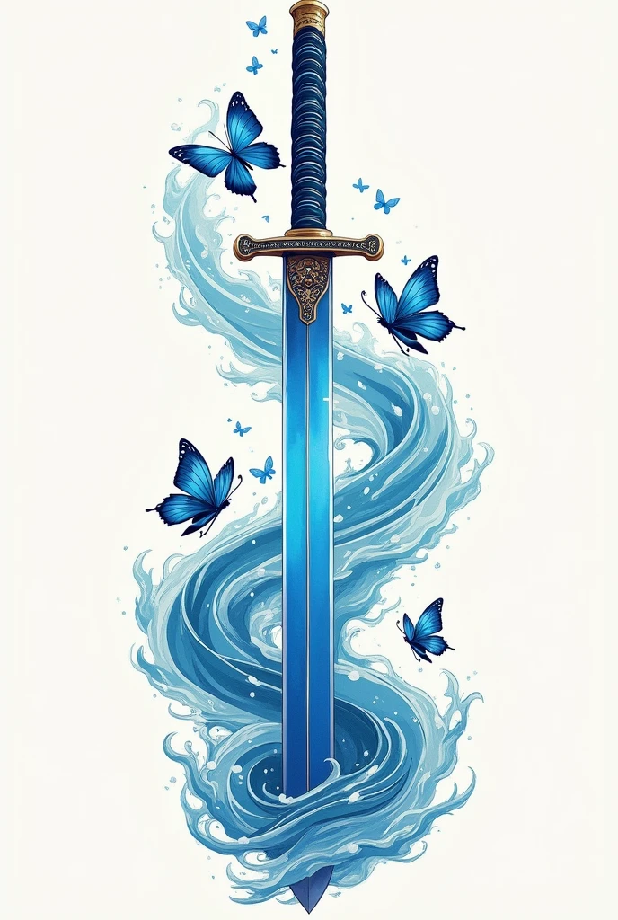 make me a tattoo of a blue Japanese anime katana with some water revolving around it and butterflies flying from the katana , for a girls inner thigh