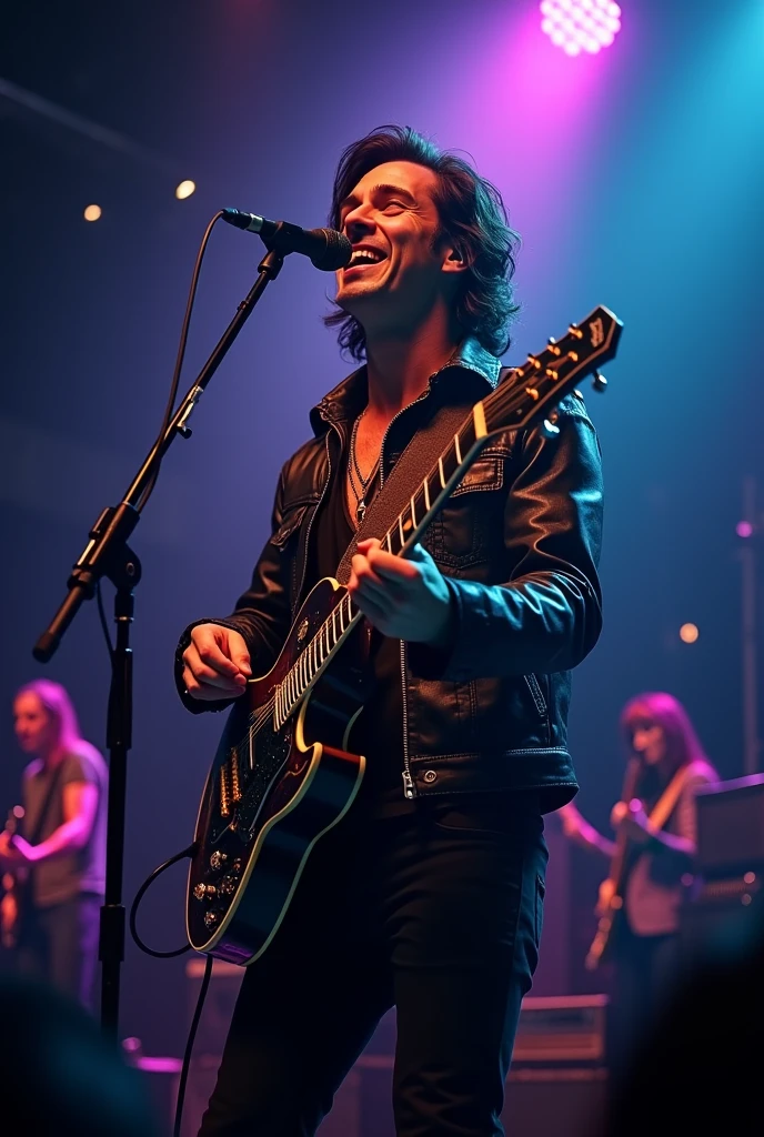 Please generate an image a singer with mike and guitar