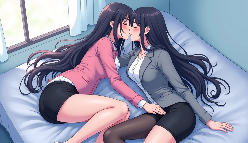 Two girls, long black hairs, yuri, lesbian.
The first girl wear a pink suit jacket, white shirt, black pencil skirt, black underpants, black tights, black socks.
The second girl wore a grey suit jacket, white shirt, black pencil skirt, black underpants, black tights, black socks.
french kiss, lesbian kiss, wetting kiss, sensual body, lying on the bed, straddle, insert the one hand into the black underpants, insert the finger into pussy, closed eyes, light blue bedroom, novel cartoon, 4K, HD