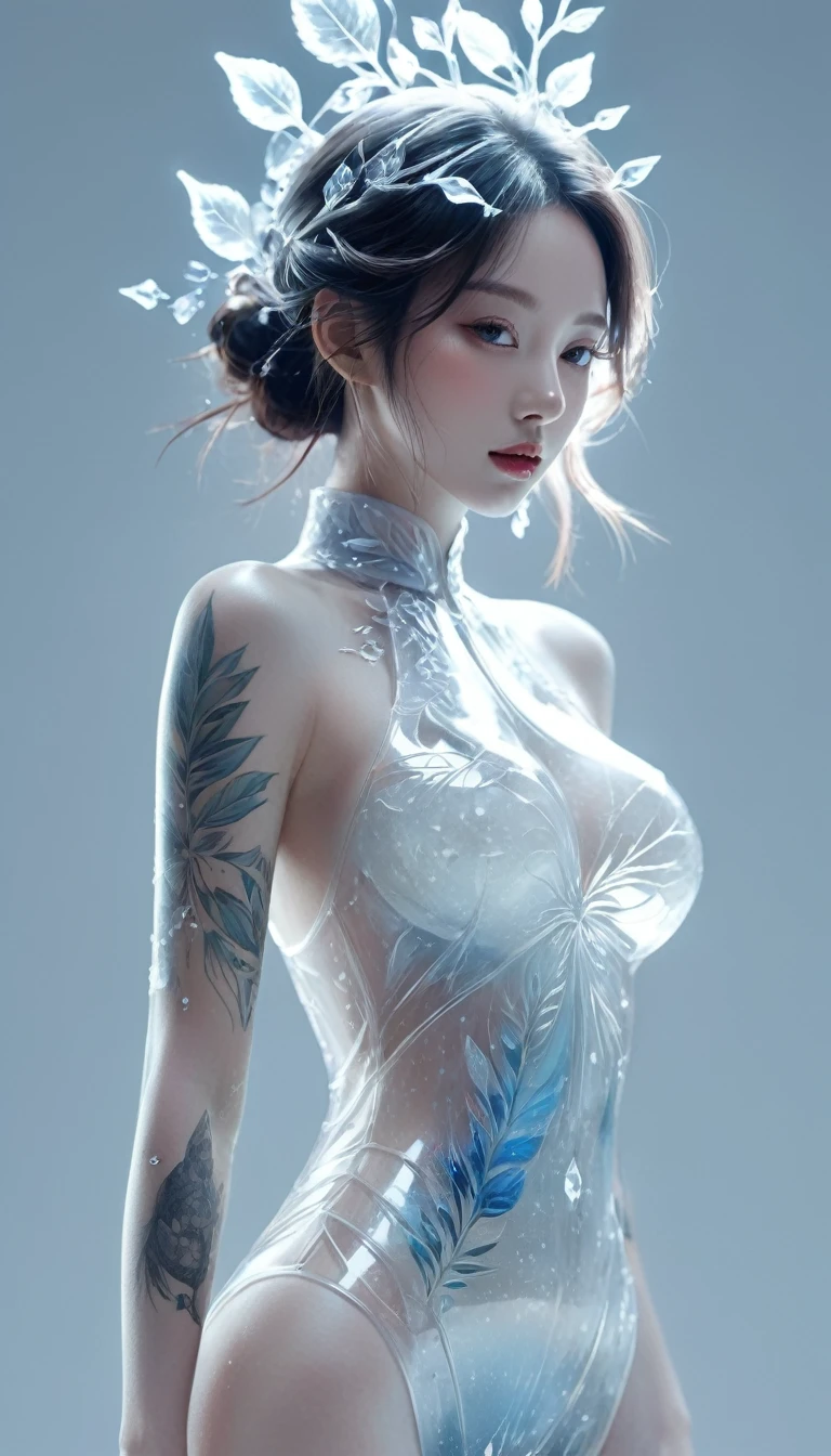 ,jewel_ice_sculpture,A girl made of ice,lonely,transparent,slim,In winter,Set,
sketch,minimalism,pencil drawing,clear lines,(double contact:1.5),Exquisite ornaments,Quincy,(upper thigh shot:1.3),full body shot,low angle shots,(Tattoo:1.3),Tyndall effect,soft focus,4K,HDR,
[HDR:0.9],acid graphics,Plant 1 Girl,fantasy work,[Detailed and vivid face:0.33],[Outer dress:0.15],[Korean popular music:0.417],[flipped ass:0.4],masterpiece,(trash-polka Tattoos:1.4),(Translucent luminous body:1.3),simple design,Beautiful female silhouette and glowing,Shadow World,精妙绝伦的艺术masterpiece,((White background 1.5)),
(shoulder strap:0.6),