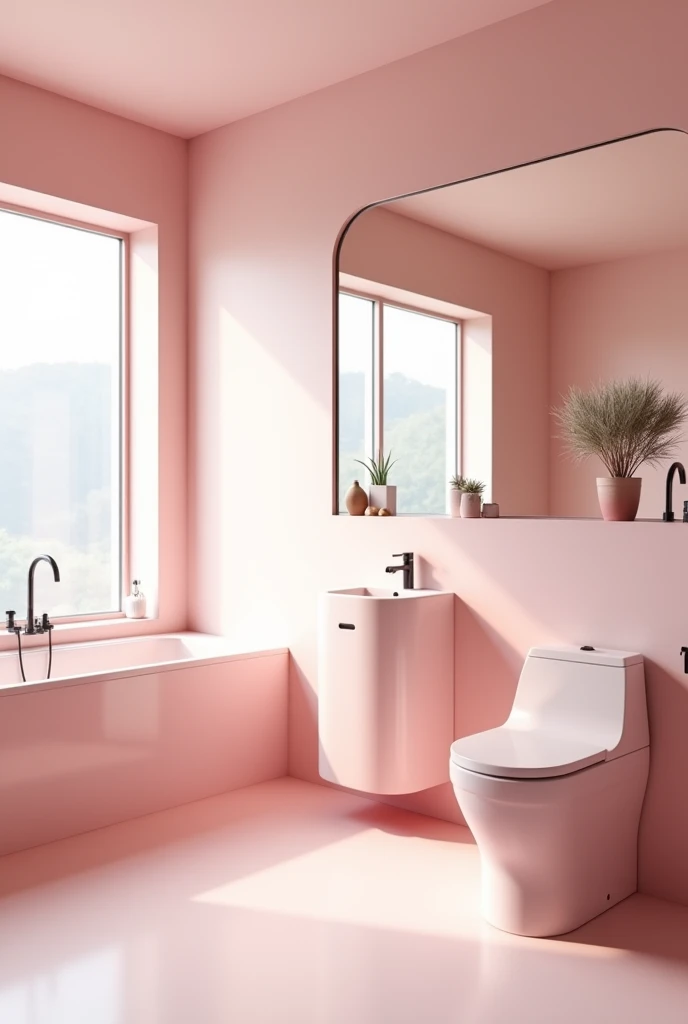 Light pink smart toilet、Light pink bathroom、Light pink bathtub、Light pink wash basin、Oversized mirror above the sink