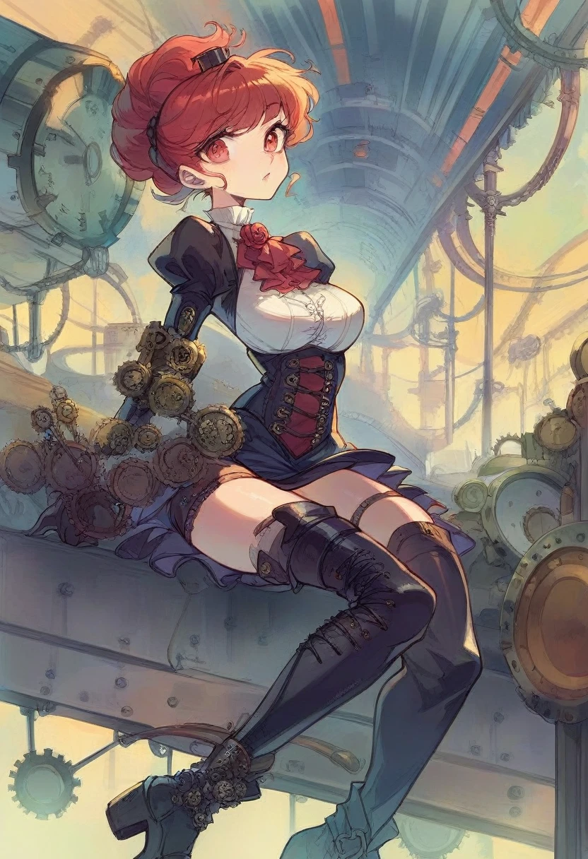 "A steampunk scene at a vintage train station. A woman with vibrant red hair, wearing a steampunk-inspired outfit entirely in petroleum blue leather and latex, including a small top hat with gears, a fitted leather corset, a high-low skirt, and thigh-high leather boots with steampunk details, sits confidently at the platform edge. She also wears black lace stockings. The train station is filled with Victorian-era machinery and gears, with a large steam locomotive in the background. The train is black and red with mechanical details, and the number '73' is clearly displayed on the front of the train. The atmosphere blends elegance and industrial aesthetics, with retro-futuristic elements and vibrant colors."