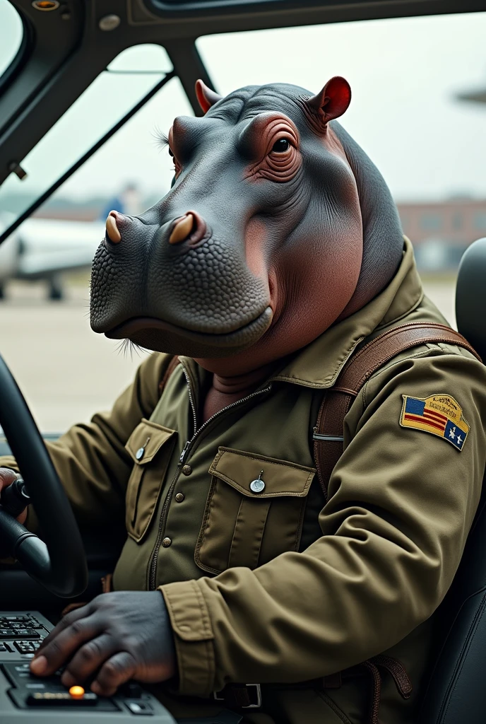 Hippo as pilot wearing a uniform of a pilot suit and trouser background airpot and a flight