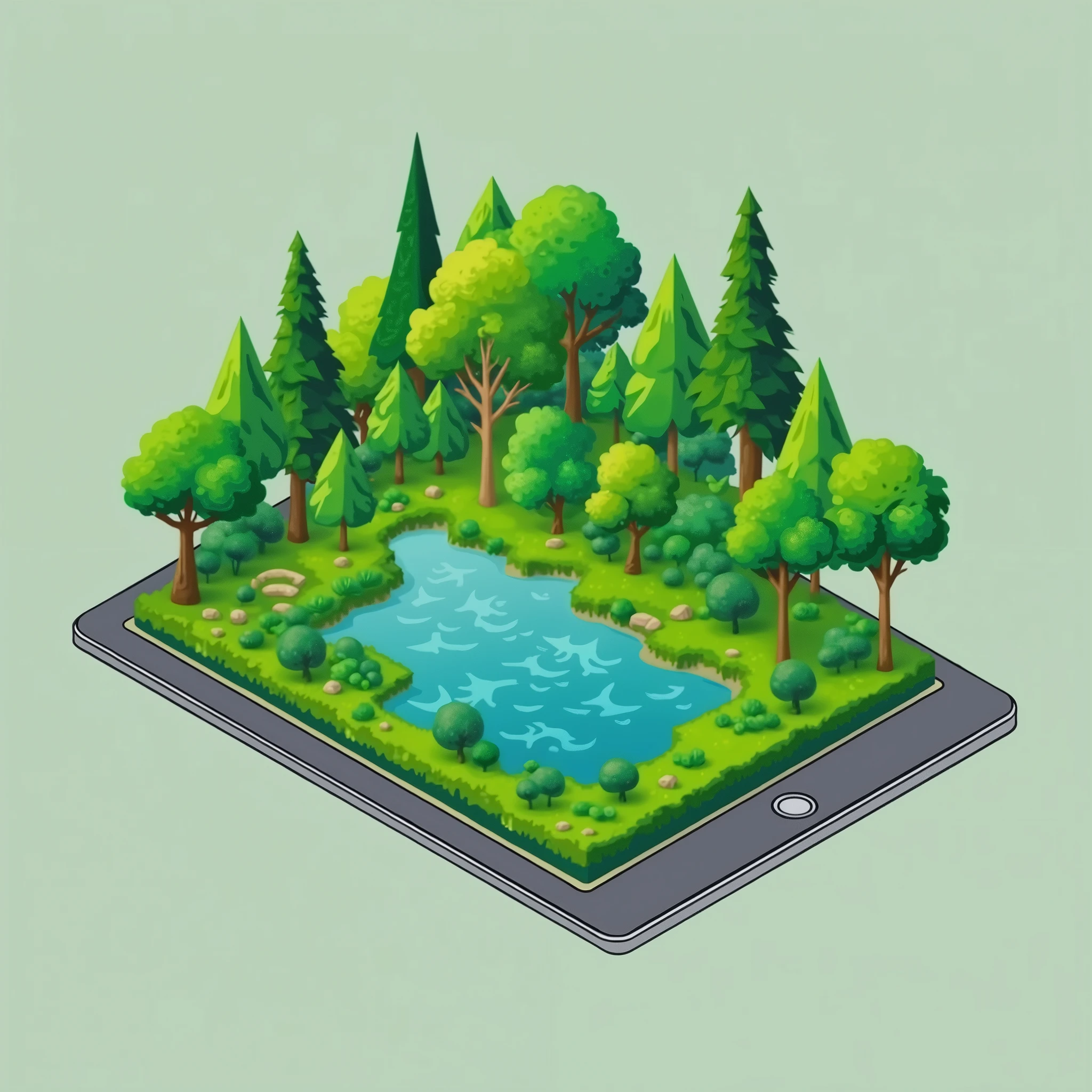 island on ipad screen, vector, 2d, flat illustration, island, tree, no humans, scenery, outdoors, rock, lake, grass, bush, pond, water, day, nature, detail, no outline, (outine:-1)