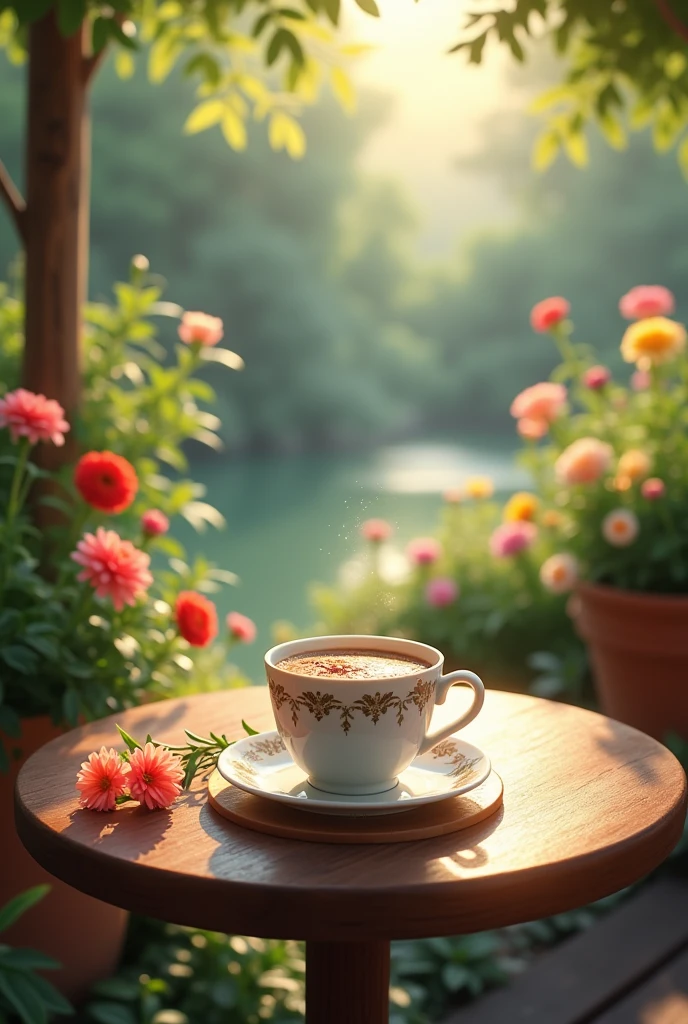 morning coffee on the table in the romantic garden