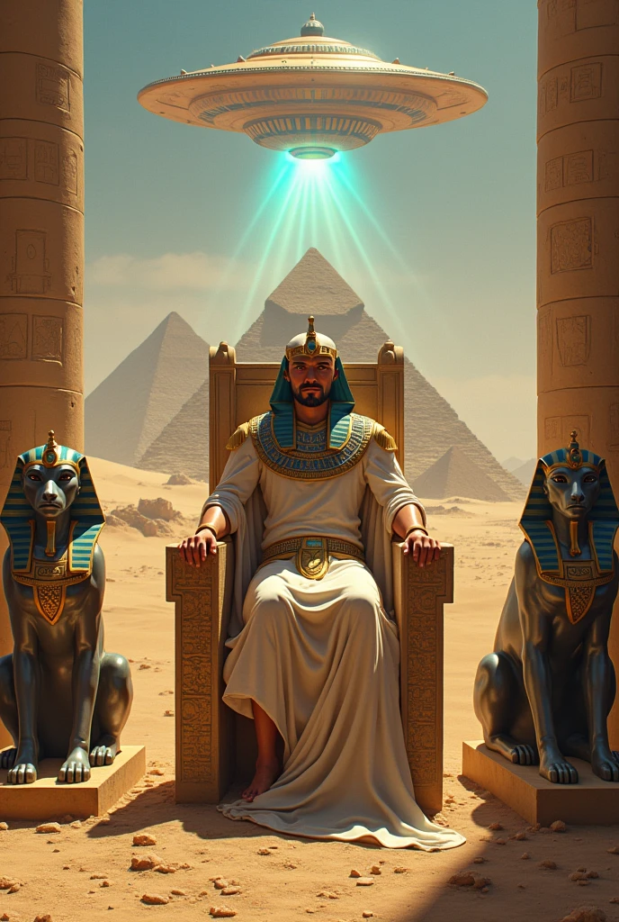 Egyptians and aliens built the pyramids. With cutting-edge technology A flying saucer shines down on the pyramid.
King Pharaoh and Creophraratran sat on the throne.
There are two Sophinks sitting next to each other in the desert.