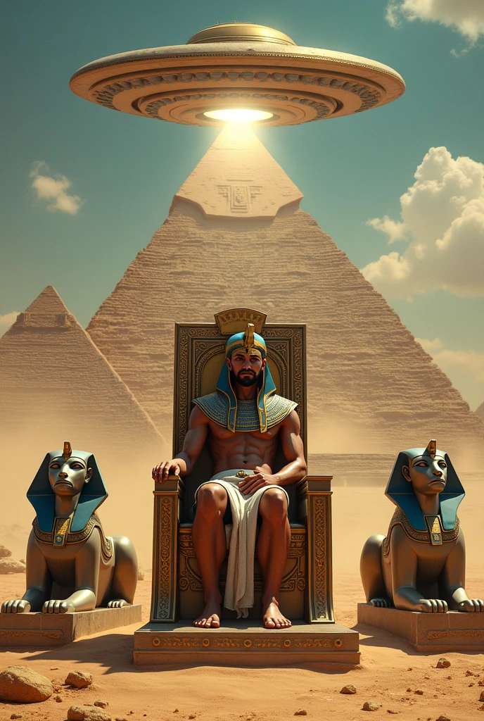 Egyptians and aliens built the pyramids. With cutting-edge technology A flying saucer shines down on the pyramid.
King Pharaoh and Creophraratran sat on the throne.
There are two Sophinks sitting next to each other in the desert.