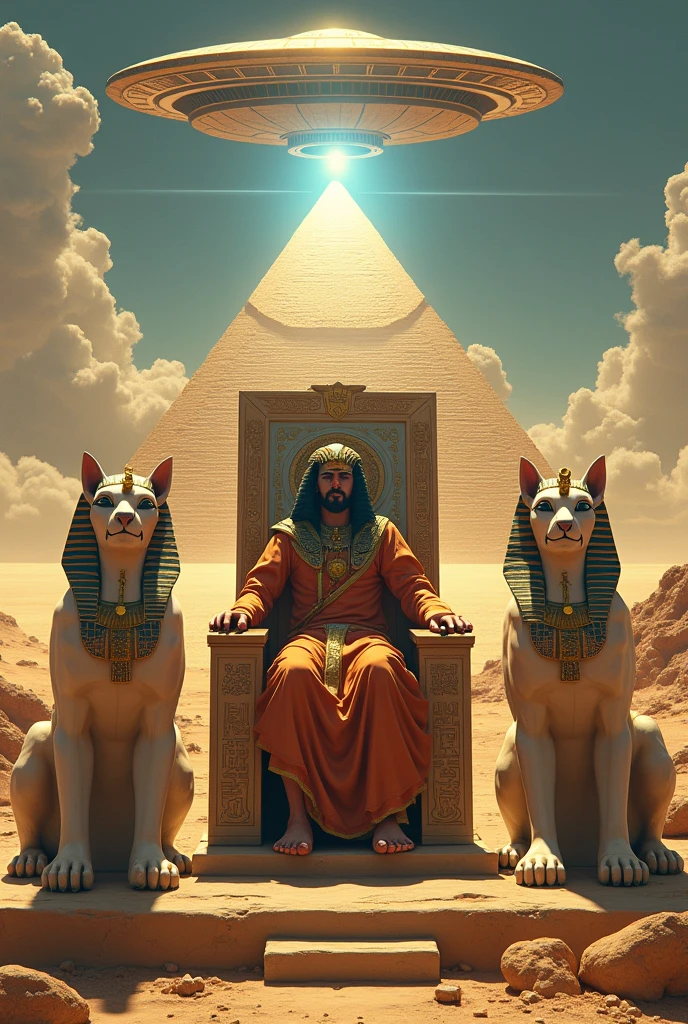Egyptians and aliens built the pyramids. With cutting-edge technology A flying saucer shines down on the pyramid.
King Pharaoh and Creophraratran sat on the throne.
There are two Sophinks sitting next to each other in the desert.