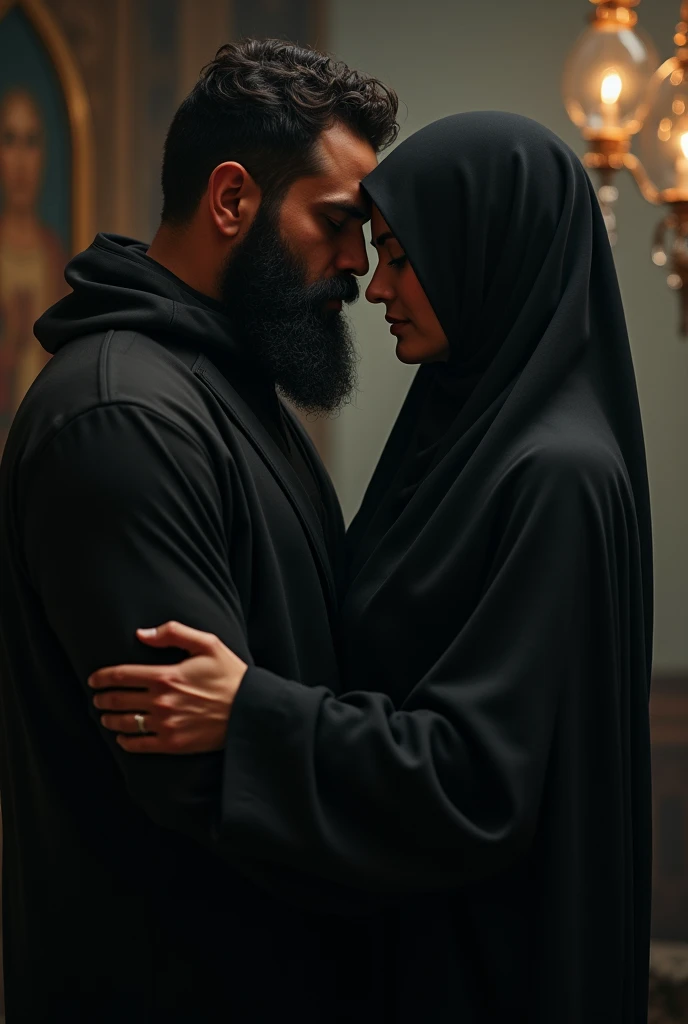 A Muslim guy with full beard closely French kissing a girl with black burqa
