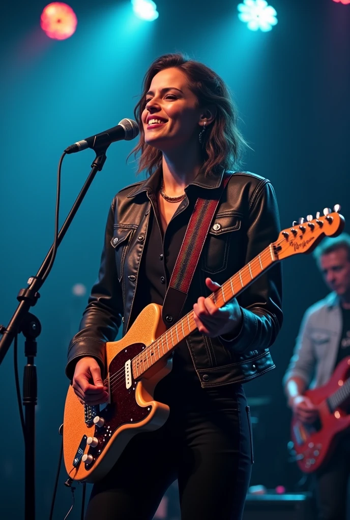 Please generate an image a singer with mike and guitar