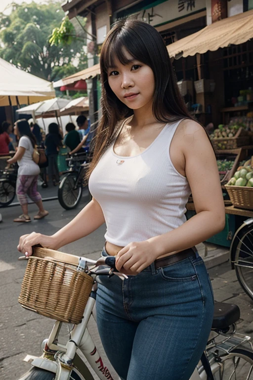 Realistic image of a beautiful Chinese woman (slightly chubby), straight hair side bangs wearing a tight tank top, using a bicycle with a vegetable box on the bicycle, walking through the traditional Indonesian market, with a friendly expression, put his hopes on his sales that day.