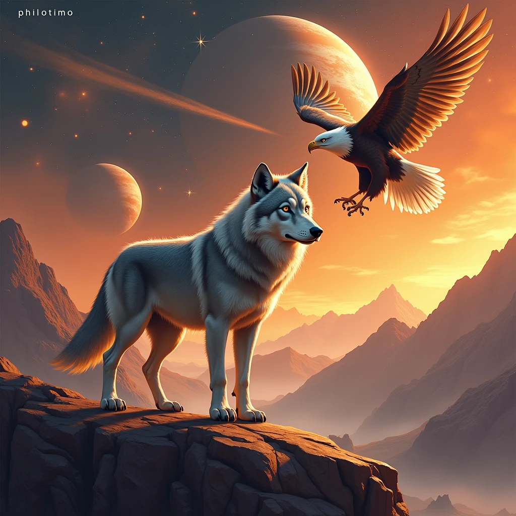 Alpha Wolf and Eagle in a Orange mountain with Venus Planet and Galaxy on its Background with a "PHILOTIMO" text below