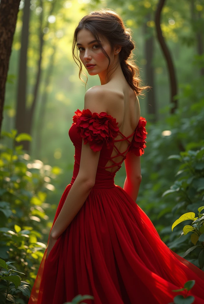 a woman in a red dress standing in a forest, a picture by Max Dauthendey, trending on cg society, renaissance, attractive feminine curves, very beautiful enga style, attractive curves, with lovely look, gorgeous lady, with beautiful colors, gorgeous woman, full body photogenic shot, beautiful full body shot, red clothes, traditional beauty, style of beautiful body, showing clevage