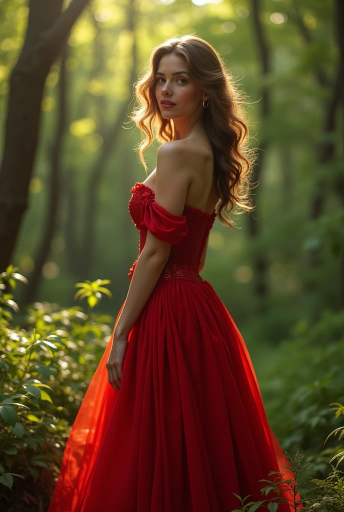 a woman in a red dress standing in a forest, a picture by Max Dauthendey, trending on cg society, renaissance, attractive feminine curves, very beautiful enga style, attractive curves, with lovely look, gorgeous lady, with beautiful colors, gorgeous woman, full body photogenic shot, beautiful full body shot, red clothes, traditional beauty, style of beautiful body, showing clevage