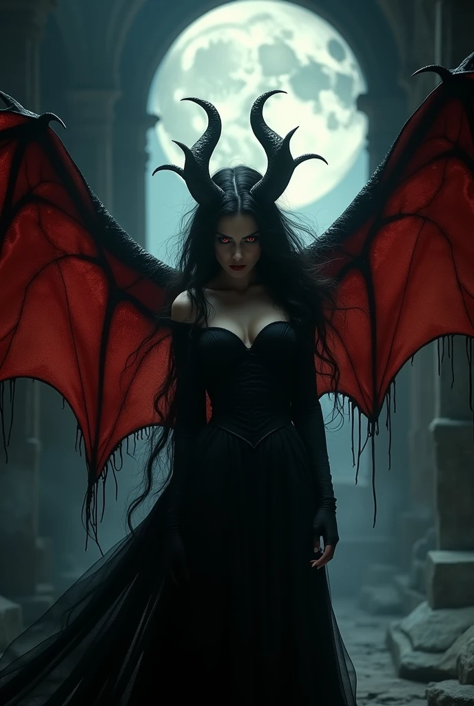 Vampire, female, long dark hair, pasty pale ghastly skin, red eyes, vampire fans, very long canine teeth becoming fangs, elegant flowing renaissance era black dress, Romanian, dark castle, nighttime, moonlight, dimly lit, horror, threatening to bite you, bearing her fangs, huge leathery bat wings, close, very close, Vampire bite scene, long black obsidian horns, red-tinged skin