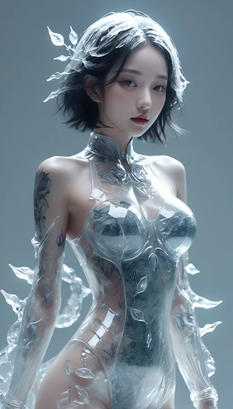 ,jewel_ice_sculpture,A girl made of ice,lonely,transparent,slim,In winter,Set,
sketch,minimalism,pencil drawing,clear lines,(double contact:1.5),Exquisite ornaments,Quincy,(upper thigh shot:1.3),full body shot,low angle shots,(Tattoo:1.3),Tyndall effect,soft focus,4K,HDR,
[HDR:0.9],acid graphics,Plant 1 Girl,fantasy work,[Detailed and vivid face:0.33],[Outer dress:0.15],[Korean popular music:0.417],[flipped ass:0.4],masterpiece,(trash-polka Tattoos:1.4),(Translucent luminous body:1.3),simple design,Beautiful female silhouette and glowing,Shadow World,精妙绝伦的艺术masterpiece,((White background 1.5)),
(shoulder strap:0.6),
