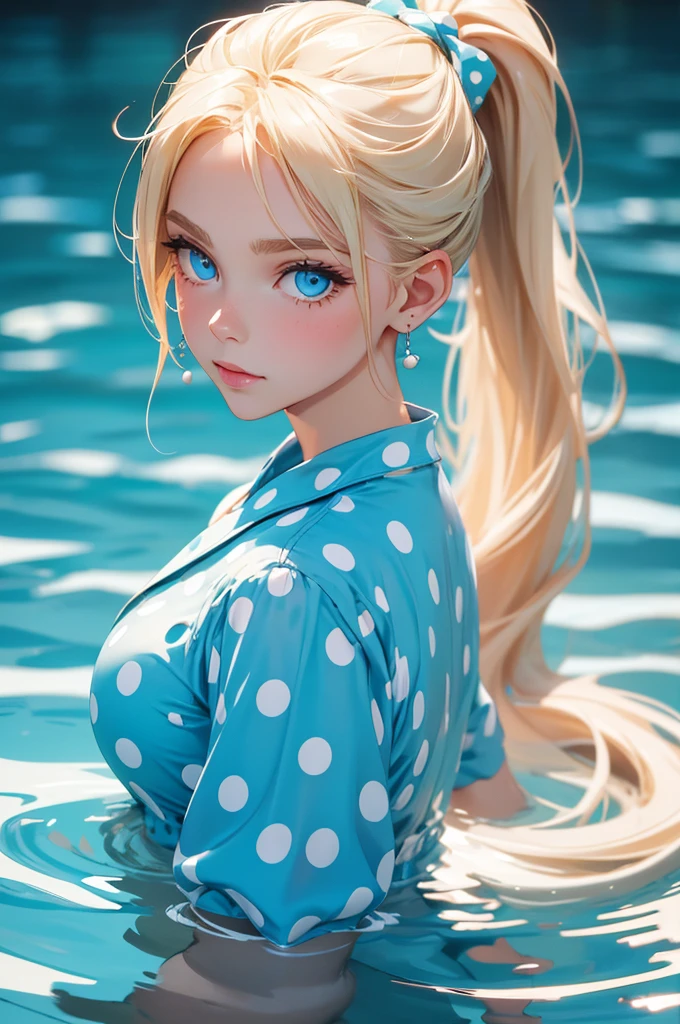 Blonde　ponytail　Light blue eyes　Beauty　Polka dot clothes　beautiful　In the water　Earrings
