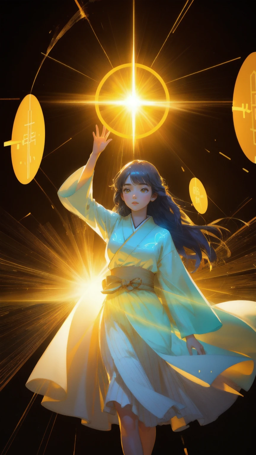 A beautiful, mysterious girl with a serene expression, floating in mid-air, holding an ancient-looking book labeled 'Satoshi's Lost Wallet' that glows with a golden light. She is surrounded by bright, yellow rays emanating from behind her, casting a divine aura over the scene. Around her, ghostly hands and ethereal figures reach out for the book, while shiny Bitcoins float in the air and cover the ground below. The background is filled with a rich, warm yellow color, adding a sense of mystique and wonder.