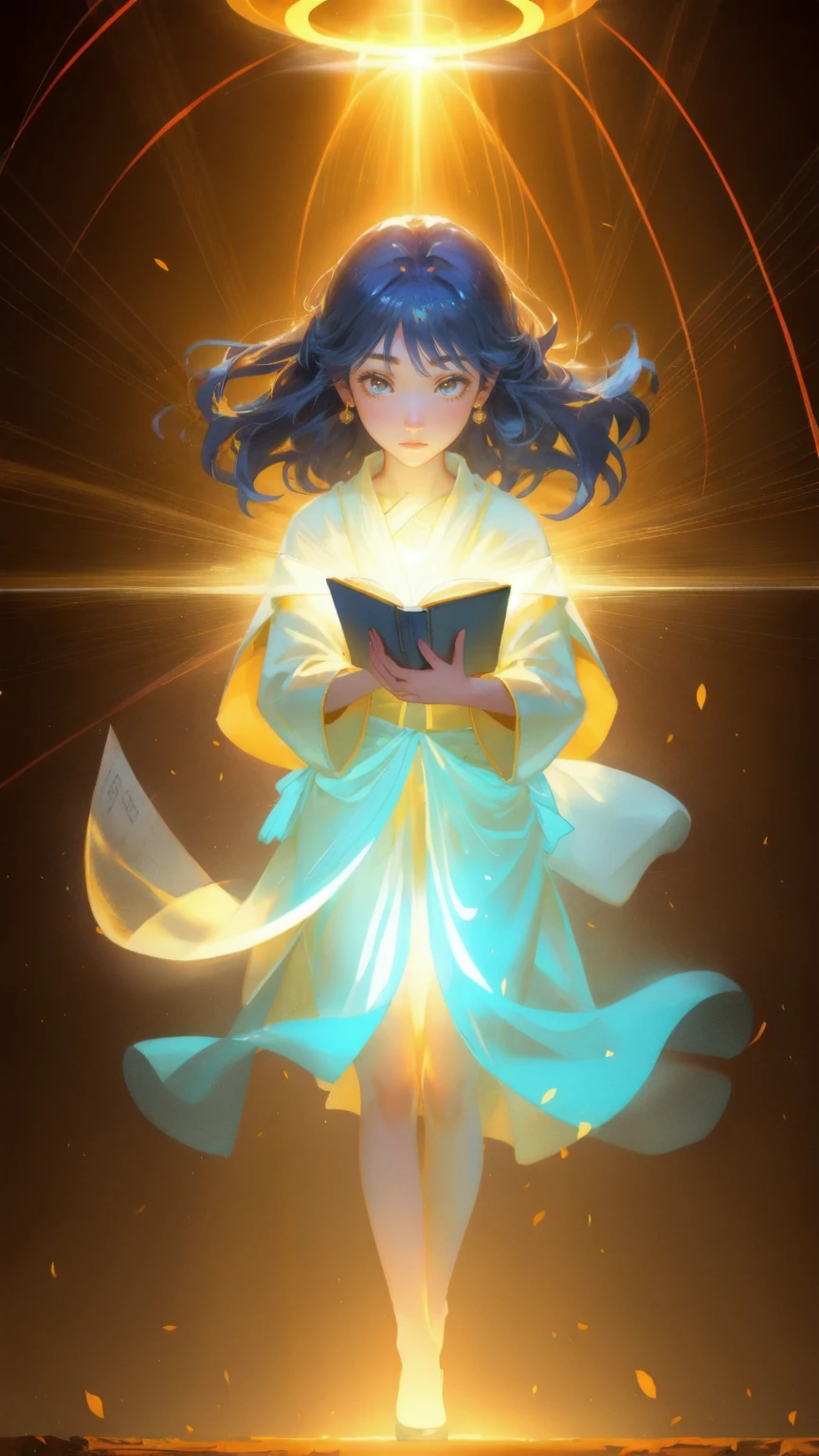A beautiful, mysterious girl with a serene expression, floating in mid-air, holding an ancient-looking book labeled 'Satoshi's Lost Wallet' that glows with a golden light. She is surrounded by bright, yellow rays emanating from behind her, casting a divine aura over the scene. Around her, ghostly hands and ethereal figures reach out for the book, while shiny Bitcoins float in the air and cover the ground below. The background is filled with a rich, warm yellow color, adding a sense of mystique and wonder.