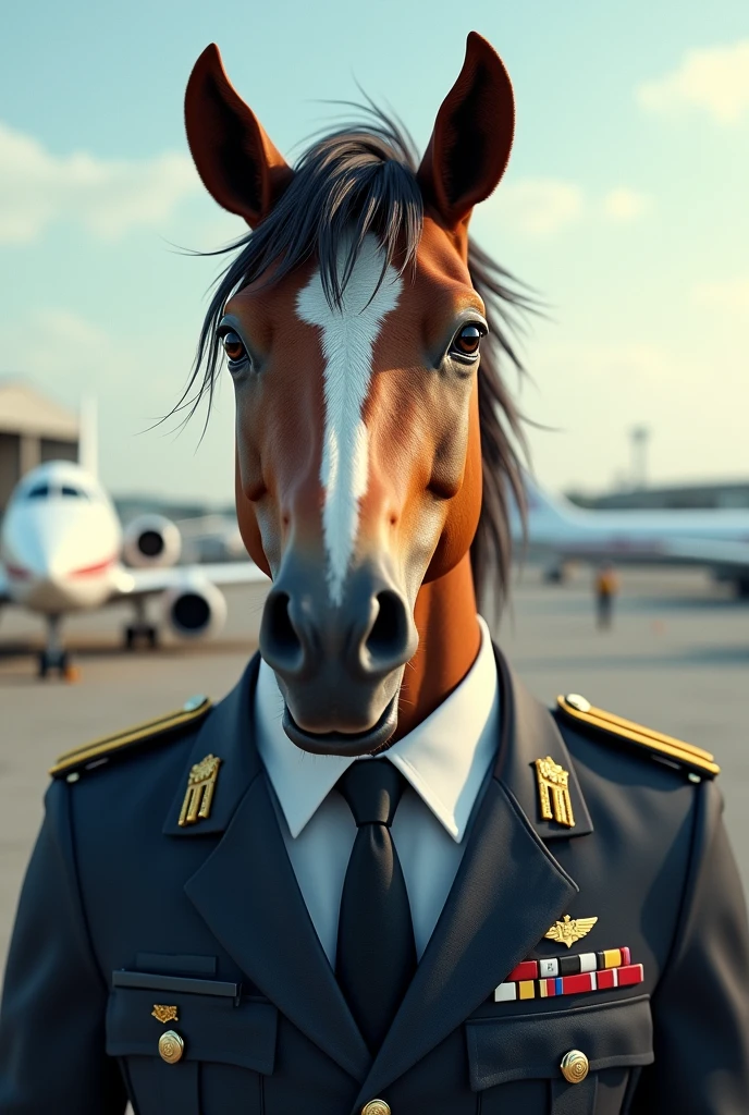 Horse as a pilot wearing a uniform of a pilot suit and trouser background airpot and a flight 