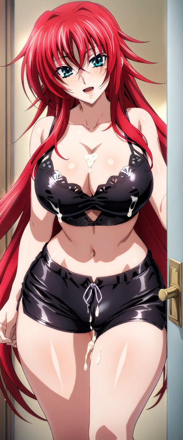 sysdeep_rias, best quality, masterpiece, ultra-detailed, high quality, highres, 1girl, pretty woman, red hair, long hair, beautiful, smile, open mouth, looking at viewer, (black short top, black shorts), see through, large breasts, cleavage, large ass, curvy body, POV, close shot, from the front, full body, standing, in home, open the door ,(covered in semen:1.4) , (pussy:1.4) , (humiliated:1.5)