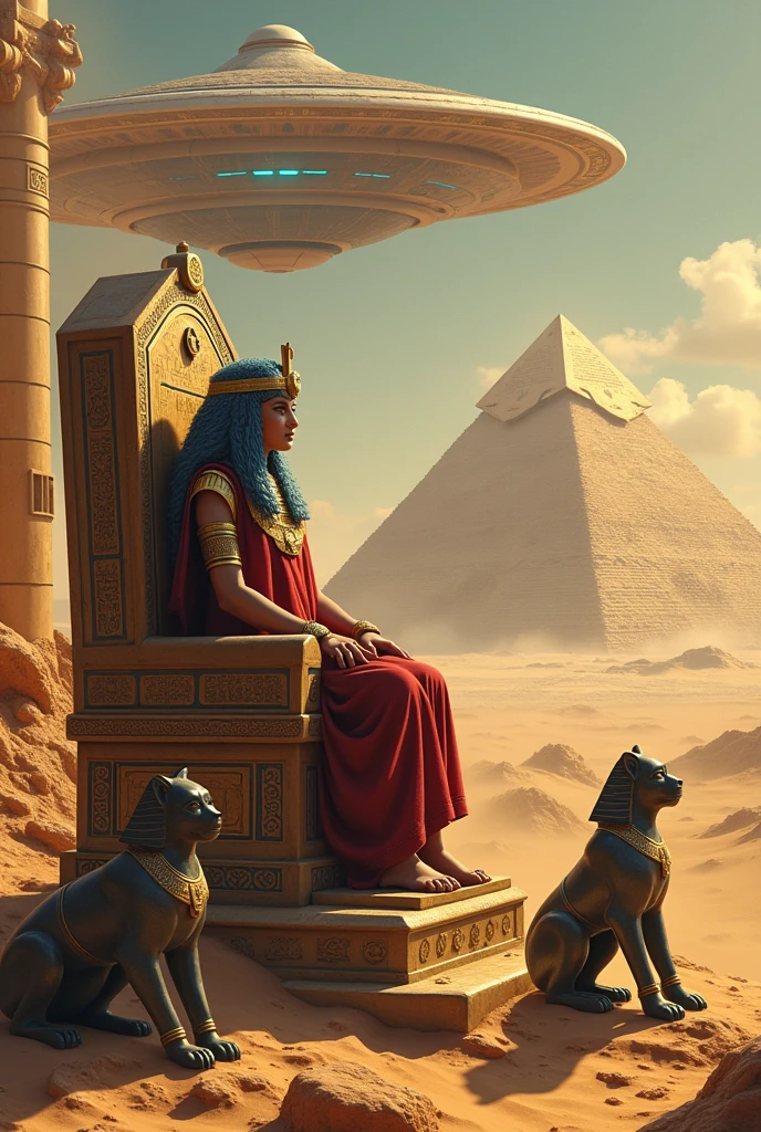 Egyptians and aliens built the pyramids. With cutting-edge technology A flying saucer shines down on the pyramid.
King Pharaoh and Creophraratran sat on the throne.
There are two Sophinks sitting next to each other in the desert.