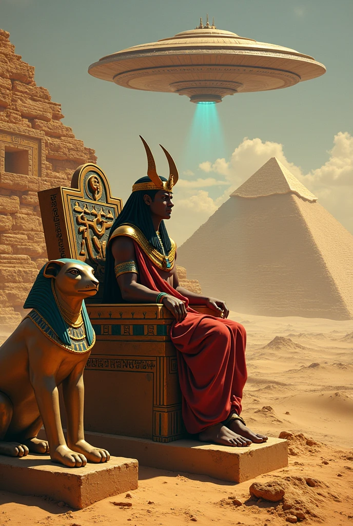 Egyptians and aliens built the pyramids. With cutting-edge technology A flying saucer shines down on the pyramid.
King Pharaoh and Creophraratran sat on the throne.
There are two Sophinks sitting next to each other in the desert.